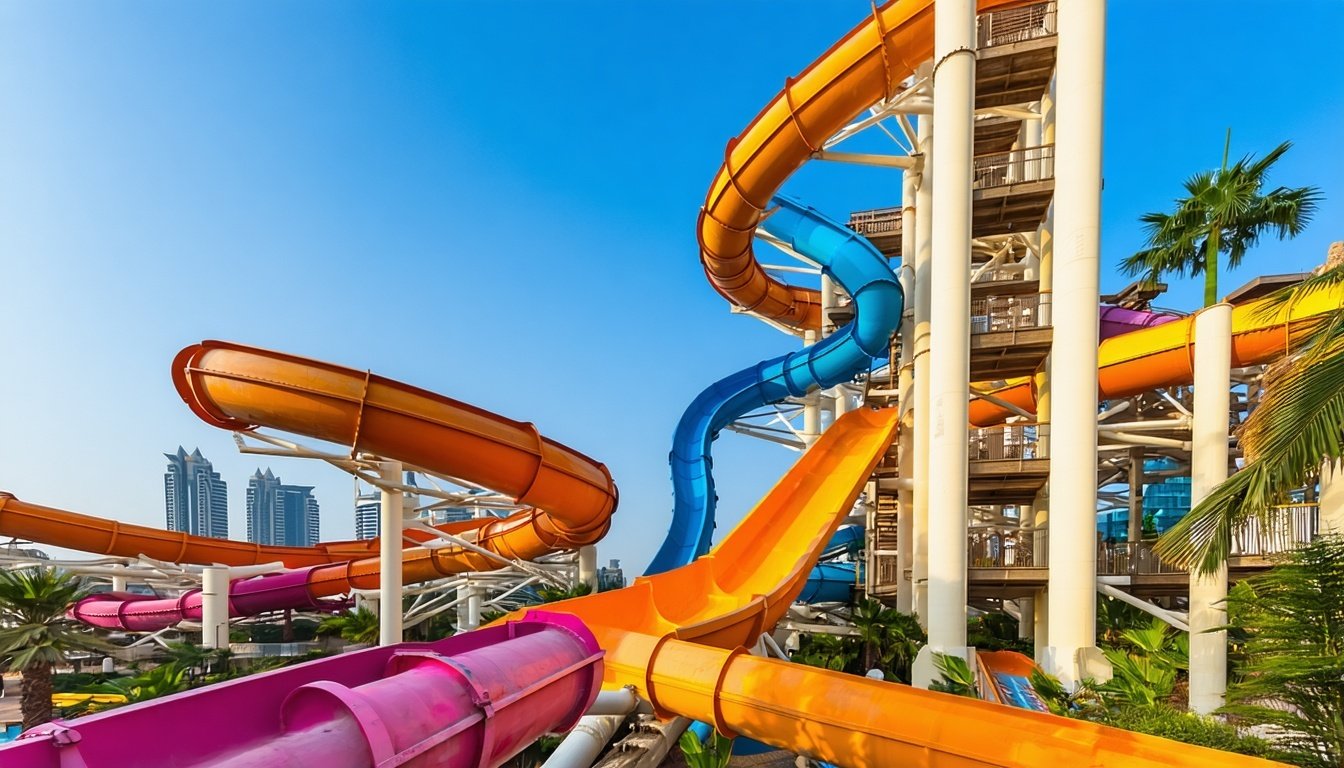 Towering water slides at Aquaventure World Dubai