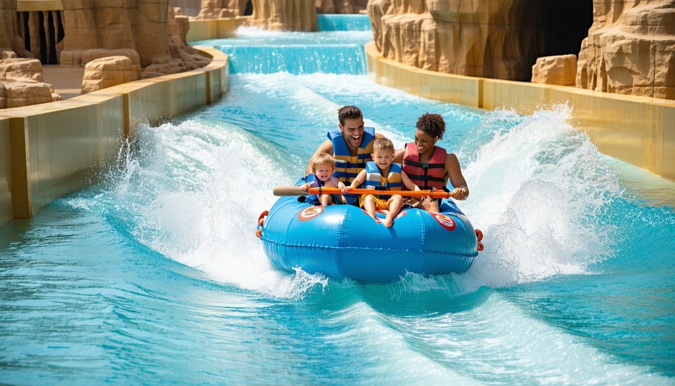 Family enjoying a lazy river ride at Aquaventure World Dubai
