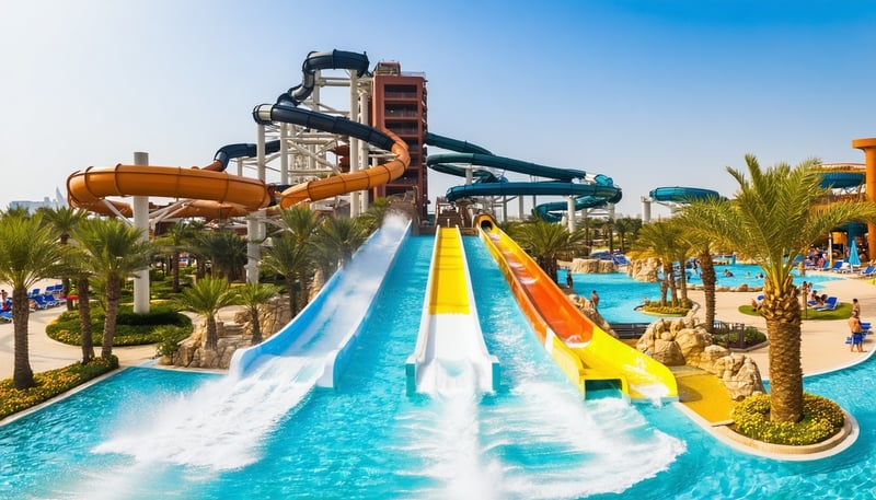 Breathtaking view of Aquaventure World Dubai with water slides, pools, and beach Breathtaking view of Aquaventure World Dubai with water slides, pools, and beach