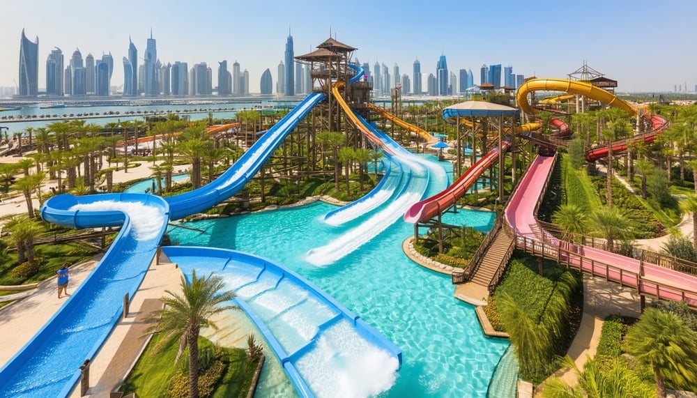 Aerial view of Aquaventure World Dubai with water slides and attractions Aerial view of Aquaventure World Dubai with water slides and attractions